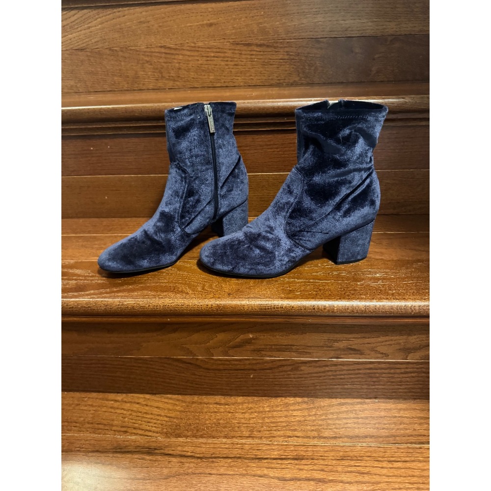 Unisa Navy Blue Crushed Velvet Ankle Boots Block Heel Side Zip Womens 8M